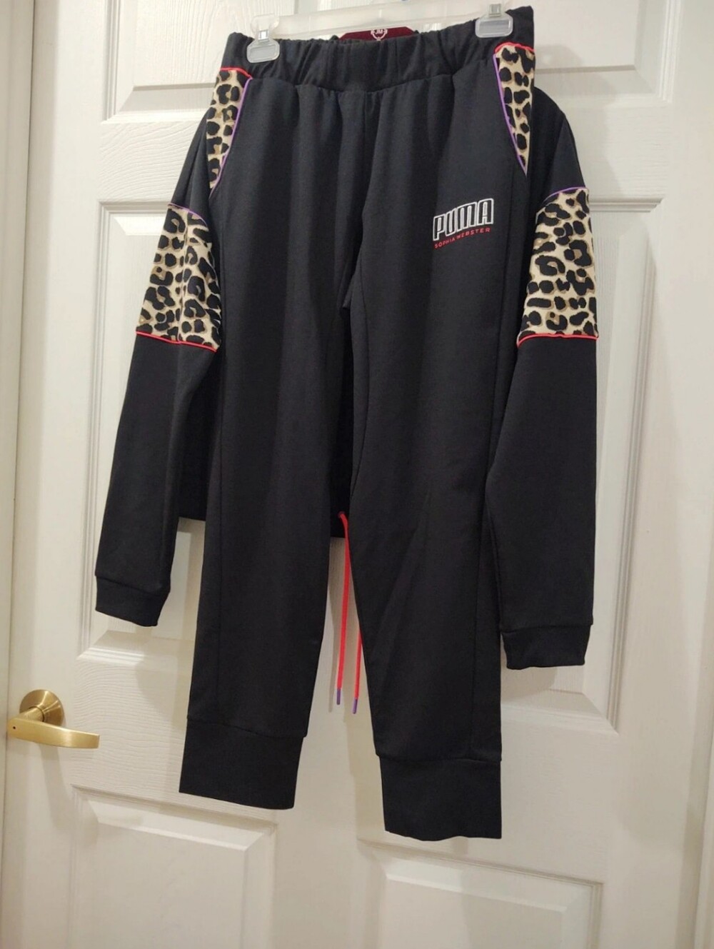 Sophia Webster Black PUMA Sweatshirt/Pant with Leopard Accent and Pink Piping - Picture 4 of 13